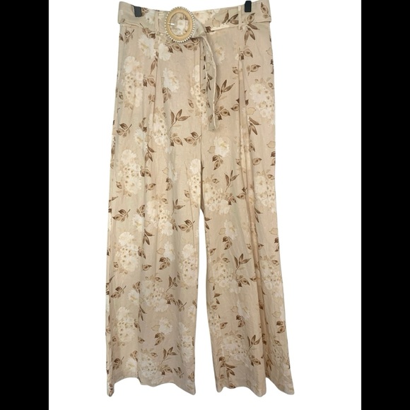 House of Harlow 1960 Pants - House of Harlow 1960 Belted Beige Floral Print Wode Leg Linen Rayon Blend Pants